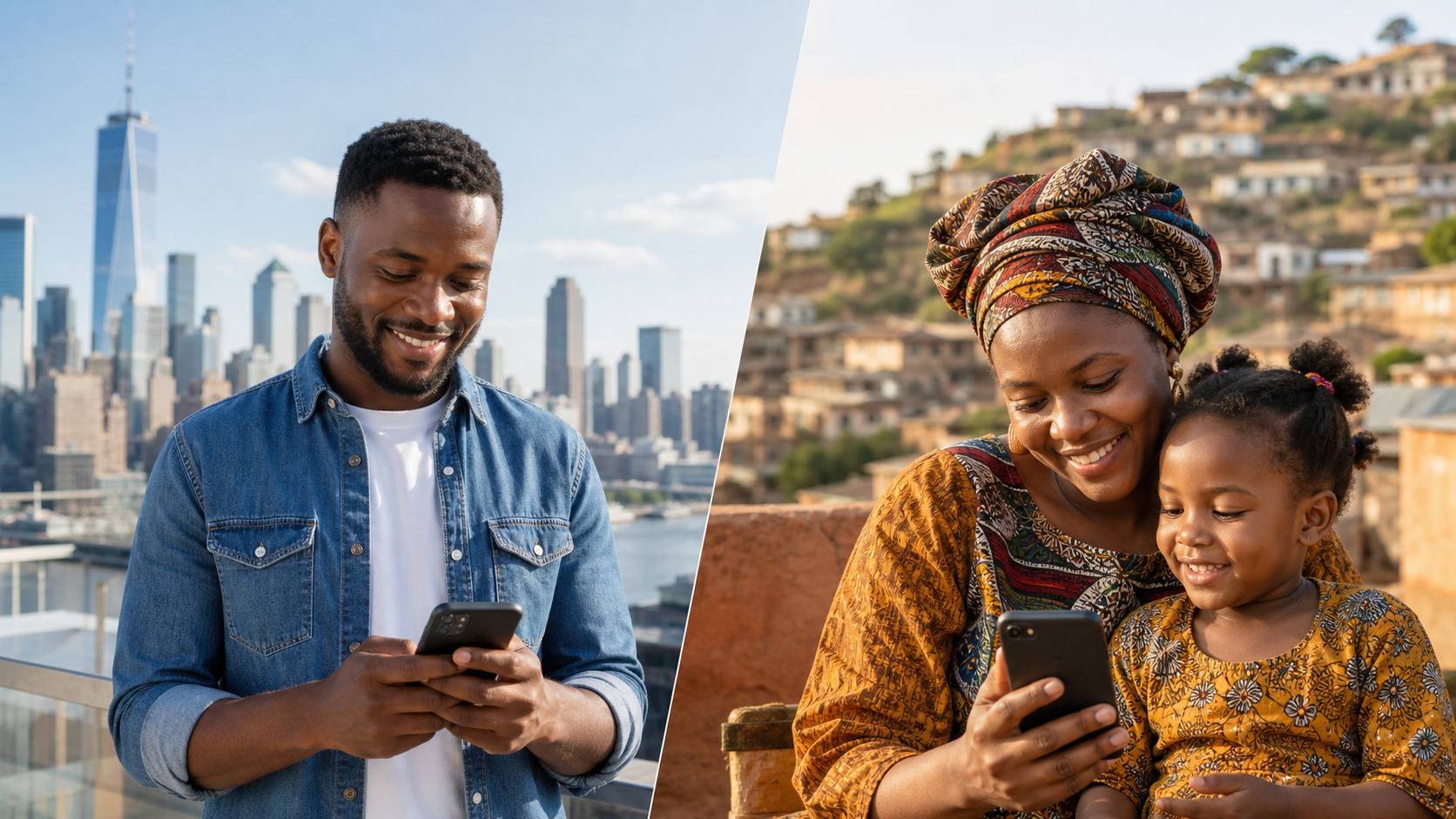 A migrant in the United States and a family in Africa using their phones