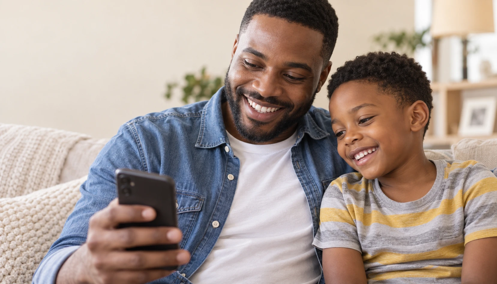 A father and his son smiling while using a phone together at home