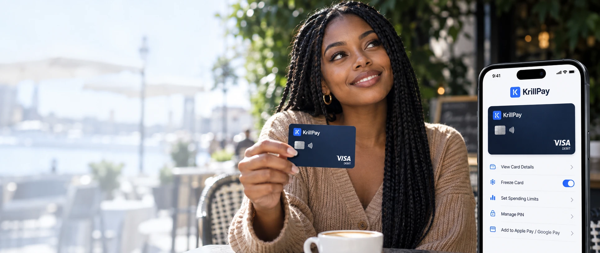A smiling customer holding her KrillPay Visa Debit Card, beside a phone showing the card controls in the KrillPay app