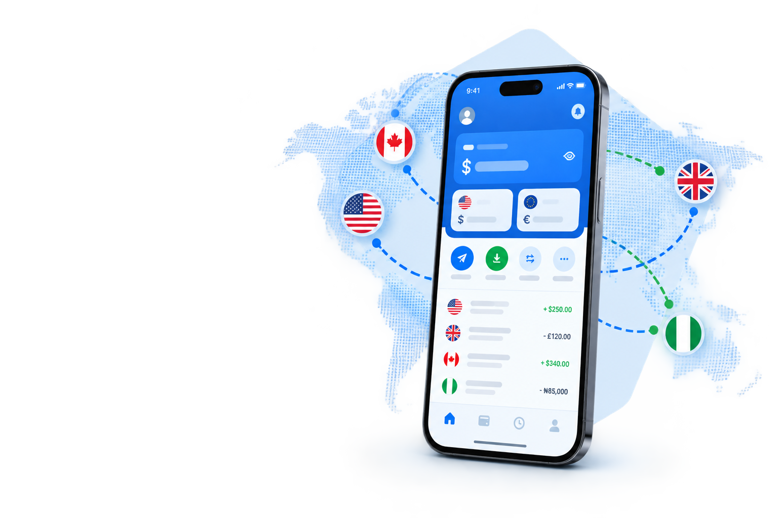 KrillPay mobile app dashboard with global route markers