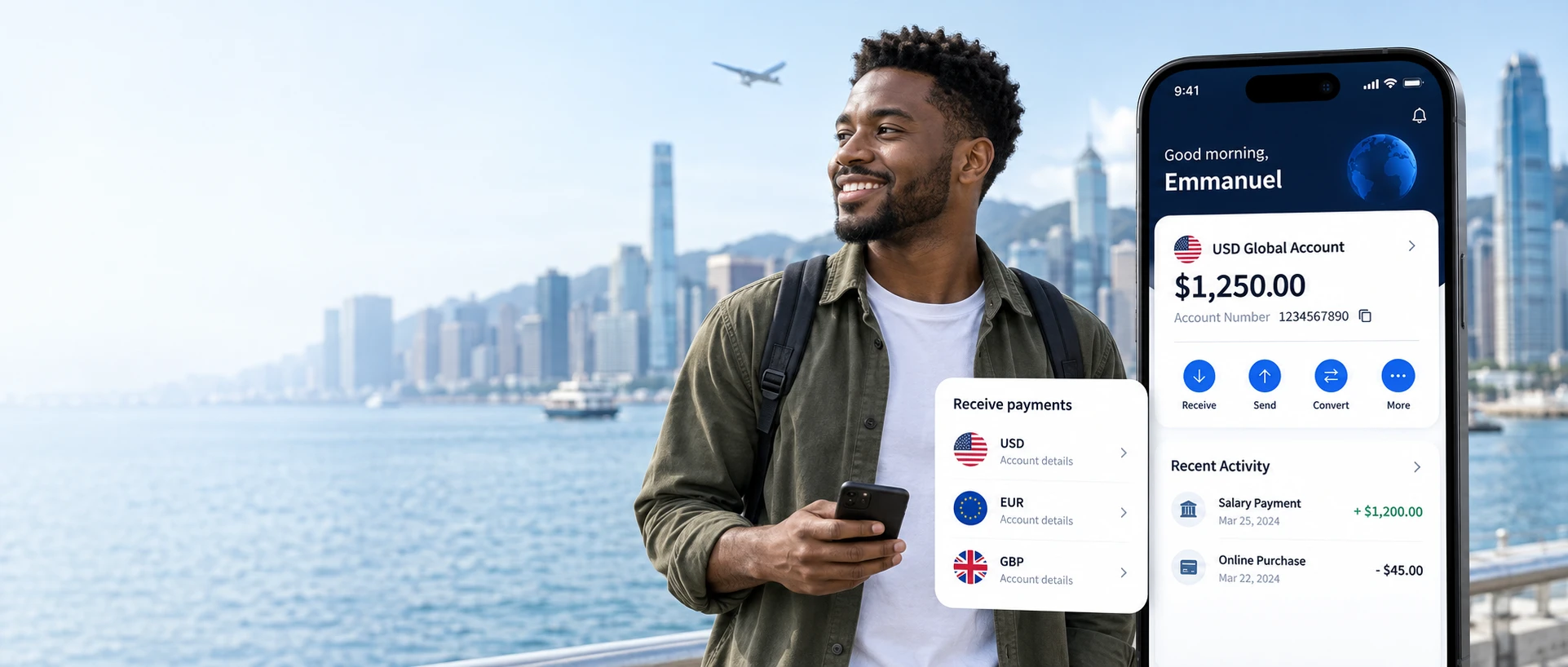 A KrillPay customer by the waterfront beside a preview of the Global Account app and currency accounts