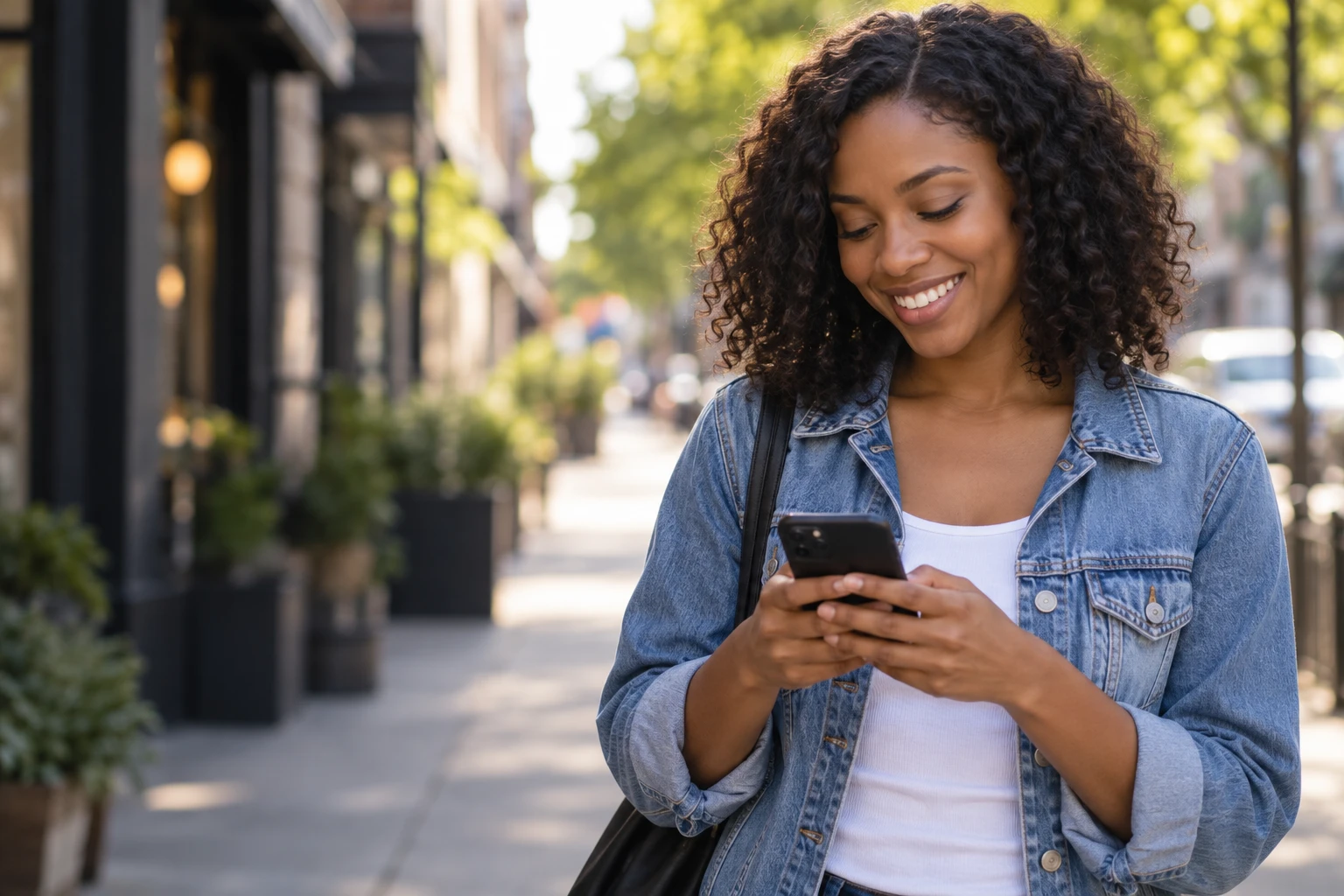 A smiling customer using her phone outdoors